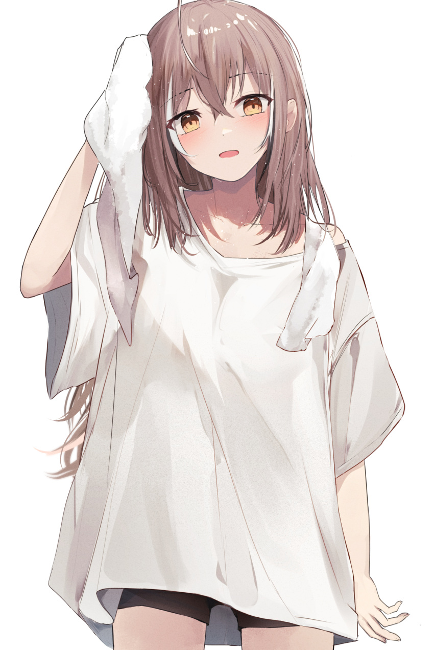 1girl ahoge black_shorts breasts brown_eyes brown_hair collarbone hair_between_eyes hair_ornament highres hololive hololive_english long_hair looking_at_viewer multicolored_hair nanashi_mumei open_mouth oversized_clothes shirt short_sleeves shorts shuuzo3 smile solo streaked_hair towel towel_around_neck very_long_hair virtual_youtuber white_shirt