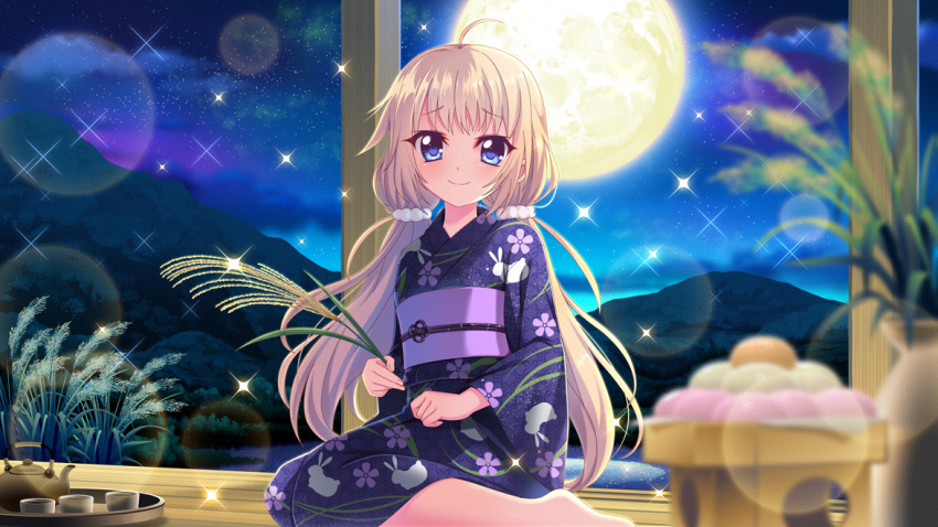 1girl ahoge animal_print barefoot blue_eyes blue_kimono blurry blurry_foreground chasen closed_mouth clouds cup dango dot_nose film_grain floral_print food full_moon game_cg hair_ornament hair_scrunchie holding holding_plant itsumura_haruka izumi_tsubasu japanese_clothes kimono lake light_brown_hair long_hair looking_at_viewer low_twintails moon mountain night night_sky non-web_source obi official_art plant rabbit_print re:stage! reflection reflective_water rice_stalk sash scrunchie sitting sky smile solo sparkle star_(sky) starry_sky teapot tsukimi_dango twintails very_long_hair wagashi wariza white_scrunchie yunomi