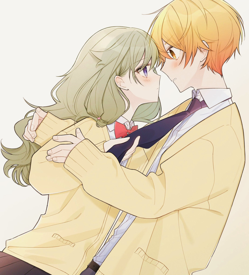 1boy 1girl blonde_hair blue_necktie blush brown_skirt cardigan closed_mouth collared_shirt green_hair hair_flaps highres kusanagi_nene long_hair long_sleeves looking_at_another low_tied_sidelocks necktie necktie_grab neckwear_grab parted_lips pleated_skirt project_sekai shirt simple_background skirt t_nvv tenma_tsukasa white_background white_shirt yellow_cardigan yellow_eyes