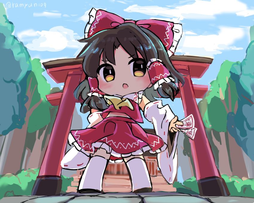1girl :o arm_at_side arm_up ascot between_fingers blush bow brown_eyes brown_hair chibi clouds commentary_request day detached_sleeves fisheye frilled_bow frilled_hair_tubes frilled_shirt_collar frills from_below full_body hair_bow hair_tubes hakurei_reimu hakurei_shrine highres holding legs_apart long_hair long_sleeves looking_to_the_side midriff_peek ofuda open_mouth outdoors parted_bangs ramudia_(lamyun) red_bow red_skirt red_vest serious shadow skirt skirt_set sleeves_past_fingers sleeves_past_wrists solo standing thigh-highs torii touhou tree v-shaped_eyebrows vest white_thighhighs wide_sleeves yellow_ascot