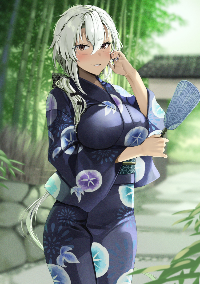 1girl absurdres adjusting_hair alternate_costume bamboo black_nails blue_kimono blurry blurry_background breasts commentary_request dark-skinned_female dark_skin floral_print glasses hair_between_eyes hand_fan highres holding holding_fan japanese_clothes kantai_collection kimono large_breasts looking_at_viewer low_twintails musashi_(kancolle) outdoors paifang parted_lips print_kimono smile solo twintails wide_sleeves yunamaro