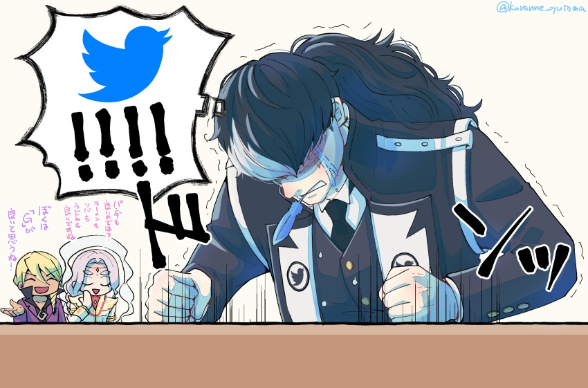 3boys ace_attorney animal_print banging black_hair black_jacket black_necktie blonde_hair closed_eyes collared_shirt commentary_request crying feathers frustrated hands_on_table highres jacket klavier_gavin kuranne long_hair long_sleeves male_focus mouth_hold multicolored_hair multiple_boys nahyuta_sahdmadhi necktie open_mouth phoenix_wright:_ace_attorney_-_spirit_of_justice ponytail shirt simon_blackquill smile solo_focus tears thought_bubble twitter twitter_bird twitter_logo twitter_username two-tone_hair upper_body white_hair white_shirt