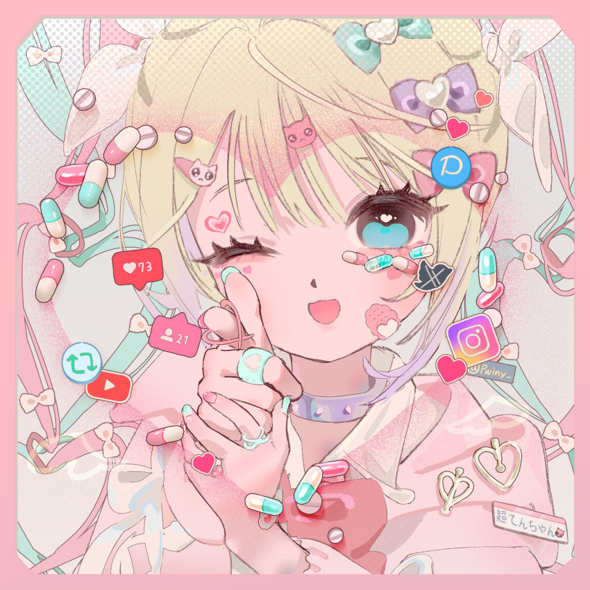 1girl ;d bandaid bandaid_on_face blonde_hair blue_bow blue_eyes blue_hair blue_nails blush border bow cat_hair_ornament character_name choker chouzetsusaikawa_tenshi-chan collared_shirt commentary finger_gun hair_bow hair_ornament hairclip heart heart_hair_ornament highres hood hood_down hoodie instagram_logo like_and_retweet long_hair looking_at_viewer multicolored_hair multicolored_nails nail_polish name_tag needy_girl_overdose official_alternate_costume one_eye_closed open_mouth phaysungyen pill pink_border pink_bow pink_hair pink_hoodie pink_nails pixiv_logo pointing pointing_at_viewer portrait purple_bow quad_tails shirt smile solo symbol-only_commentary twintails twitter_logo white_shirt youtube_logo