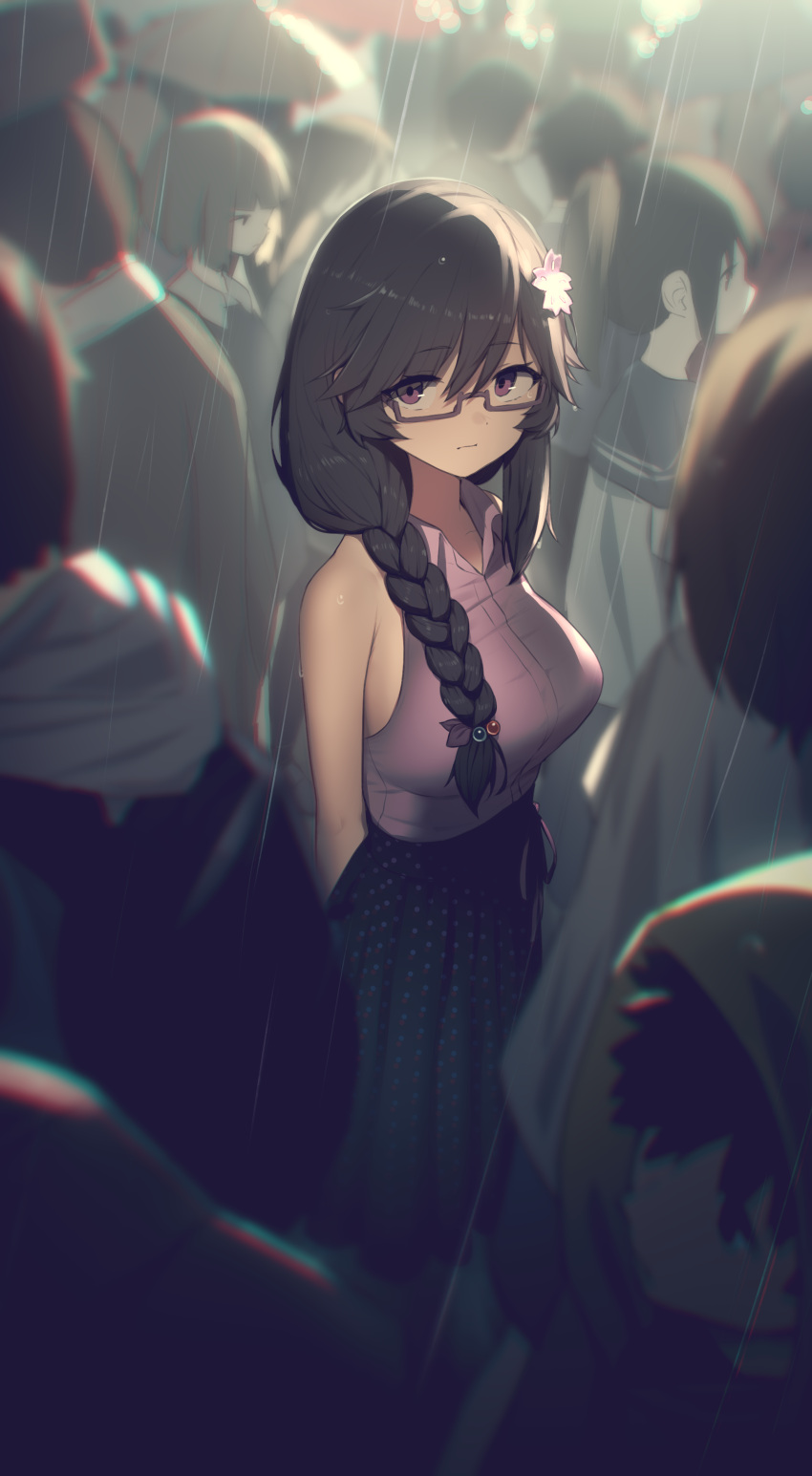 6+girls absurdres black_hair black_skirt braid breasts closed_mouth commission english_commentary glasses hair_between_eyes hair_ornament hair_over_shoulder highres hoplitx long_hair looking_at_viewer multiple_girls original pink_shirt pixiv_commission polka_dot polka_dot_skirt rain rectangular_eyewear shirt shirt_tucked_in single_braid skirt sleeveless sleeveless_shirt solo_focus violet_eyes