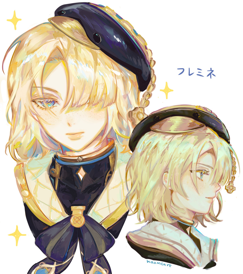 1boy absurdres androgynous beret black_headwear black_shirt blonde_hair blue_eyes blue_jacket character_name closed_mouth colored_eyelashes facing_to_the_side freckles freminet_(genshin_impact) genshin_impact haamtart hair_over_one_eye hat highres jacket long_eyelashes looking_ahead looking_at_viewer male_focus multicolored_eyes one_eye_covered shirt solo sparkle violet_eyes white_background