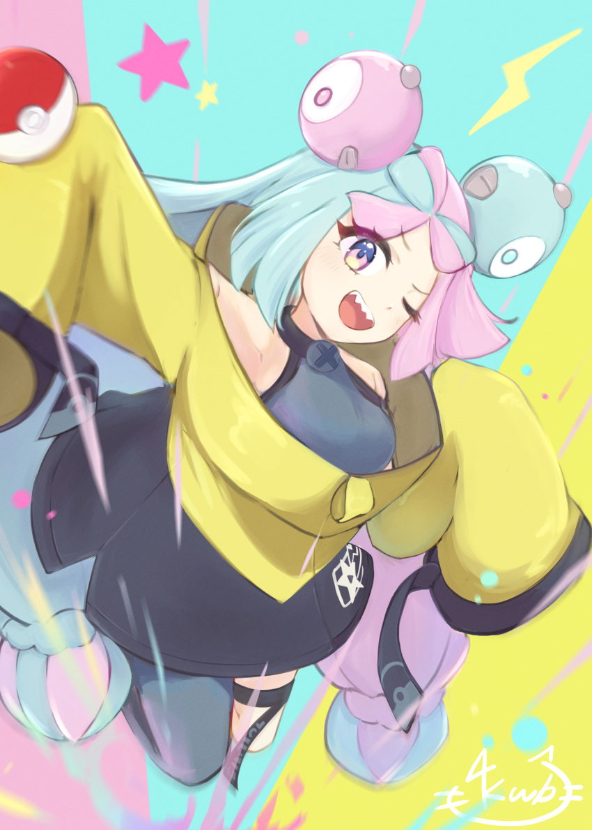 1girl 4k3b1 ;d absurdres bow-shaped_hair character_hair_ornament commentary_request eyelashes green_hair grey_pantyhose grey_shirt hair_ornament highres iono_(pokemon) jacket long_hair multicolored_hair one_eye_closed open_mouth pantyhose pink_hair poke_ball poke_ball_(basic) pokemon pokemon_(game) pokemon_sv shirt single_leg_pantyhose sleeveless sleeveless_shirt smile solo teeth thigh_strap twintails two-tone_hair upper_teeth_only yellow_jacket