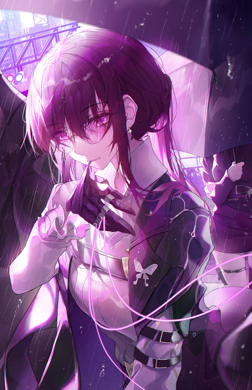 1girl 2others absurdres arm_belt biting black_coat black_umbrella butterfly_ornament chest_strap city coat collared_shirt earrings english_commentary glasses glove_biting gloves hand_up highres holster honkai:_star_rail honkai_(series) jewelry kafka_(honkai:_star_rail) long_hair long_sleeves looking_at_viewer multiple_others multiple_rings open_clothes open_coat out_of_frame outdoors parted_lips pink_eyes puppet_rings puppet_strings purple_gloves purple_hair rain ring round_eyewear shirt solo_focus thigh_pouch traffic_light truss turbulence umbrella upper_body white_shirt