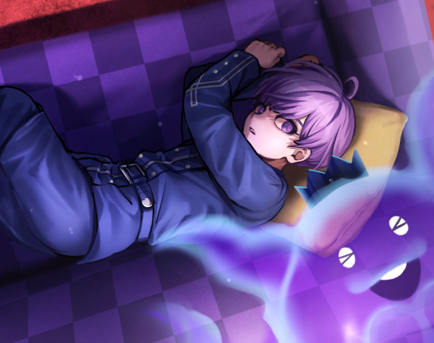 &gt;_&lt; 1boy ahoge belt blue_belt blue_jacket commentary_request crown from_above ghost harami_(tanakara_2) highres horns indoors jacket laughing long_sleeves looking_at_viewer lying male_focus master_detective_archives:_rain_code on_bed on_side open_mouth parted_lips pillow purple_hair shinigami_(rain_code) short_hair smile solo symbol_in_eye violet_eyes yuma_kokohead