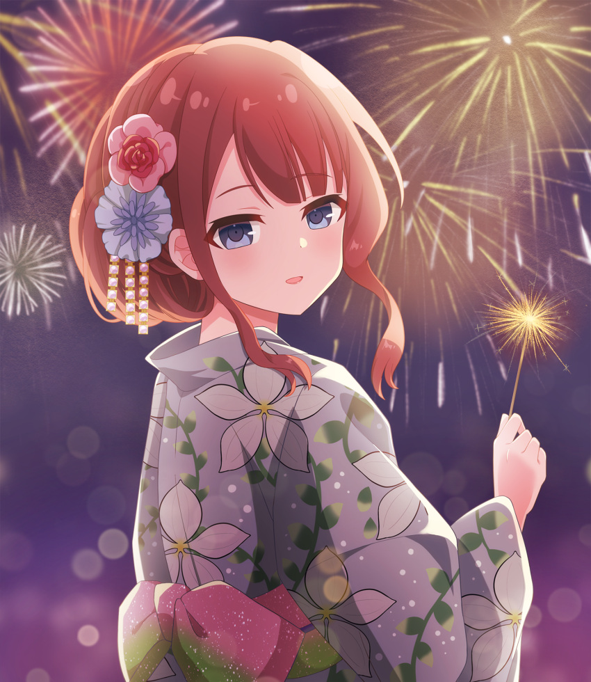 1girl aerial_fireworks assault_lily blue_eyes blurry blurry_background brown_hair commentary_request fireworks floral_print flower from_behind grey_flower grey_kimono hair_bun hair_flower hair_ornament hand_up highres holding_fireworks japanese_clothes kaede_johan_nouvel kimono light_blush long_sleeves looking_at_viewer looking_back medium_hair night official_alternate_costume official_alternate_hairstyle outdoors parted_lips piatin pink_flower print_kimono senkou_hanabi sidelocks single_hair_bun smile solo sparkler standing upper_body yukata