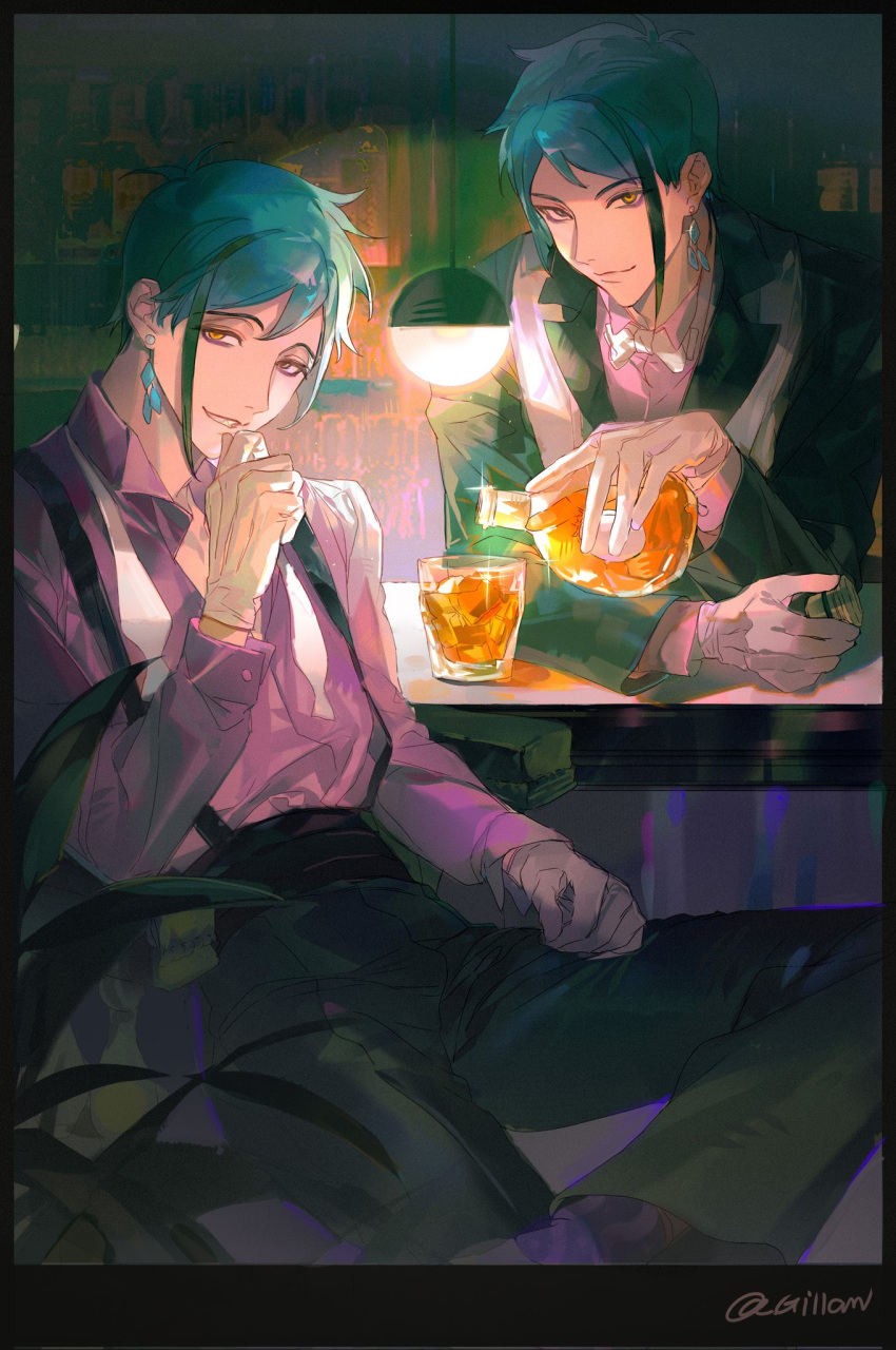 2boys alcohol artist_name bar_(place) black_jacket black_pants black_suit bottle bow bowtie chair closed_mouth collared_shirt cup drinking_glass earrings floyd_leech foot_out_of_frame gillannn glass glass_bottle gloves green_hair heterochromia highres holding holding_bottle ice ice_cube indoors jacket jade_leech jewelry lamp leaf light long_sleeves looking_at_viewer multicolored_hair multiple_boys pants partially_unbuttoned pink_shirt plant shadow sharp_teeth shirt short_hair siblings sitting smile sparkle streaked_hair suit table teeth twins twisted_wonderland unbuttoned unbuttoned_shirt white_bow white_bowtie white_gloves yellow_eyes