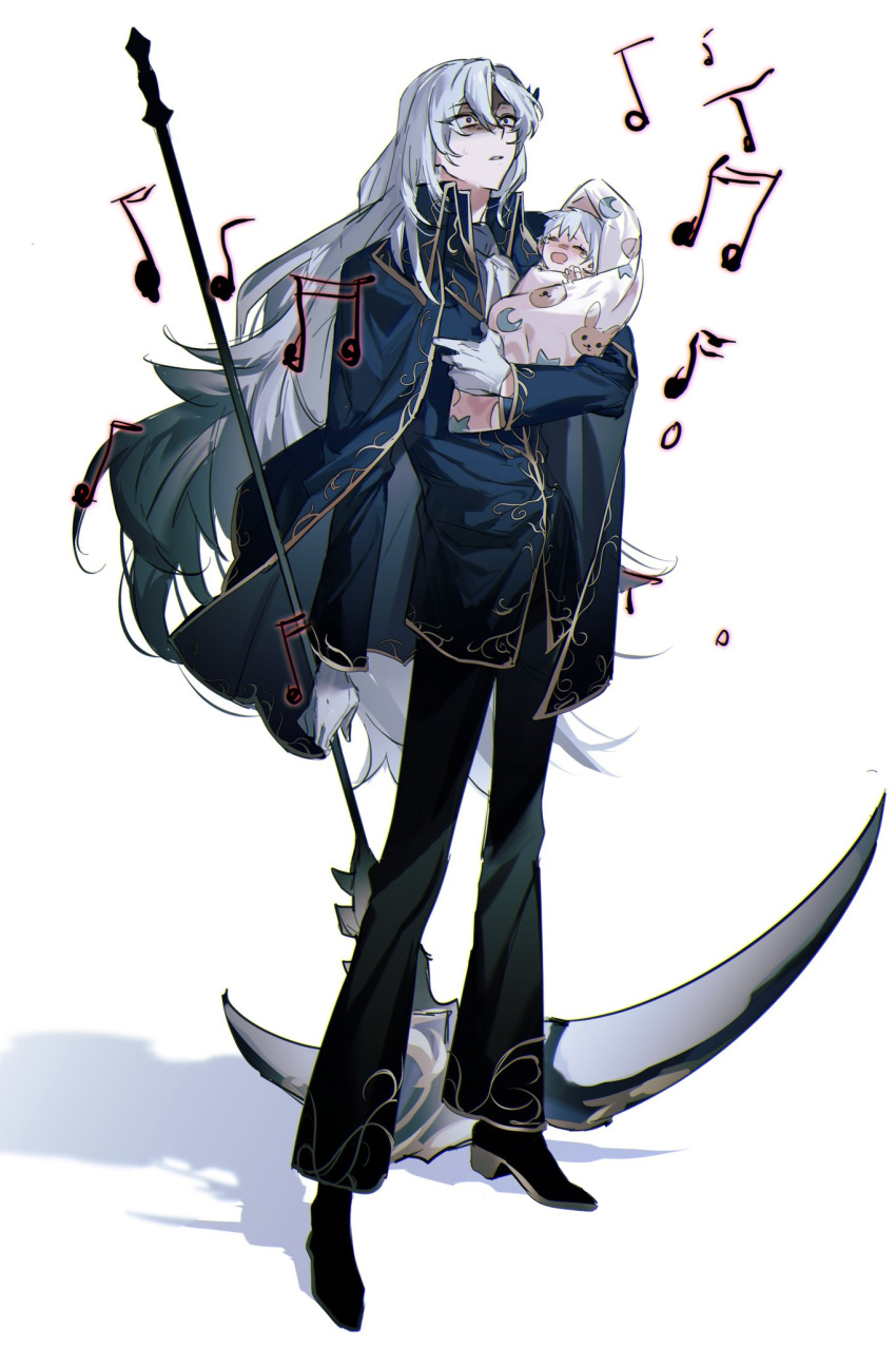 1boy 1other argalia_(library_of_ruina) black_footwear black_pants blue_cape blue_eyes blue_jacket cape despair full_body gloves gold_trim highres holding holding_baby holding_scythe jacket library_of_ruina long_sleeves looking_up music pants parted_lips project_moon scythe shaded_face shoes simple_background white-trick white_background white_gloves