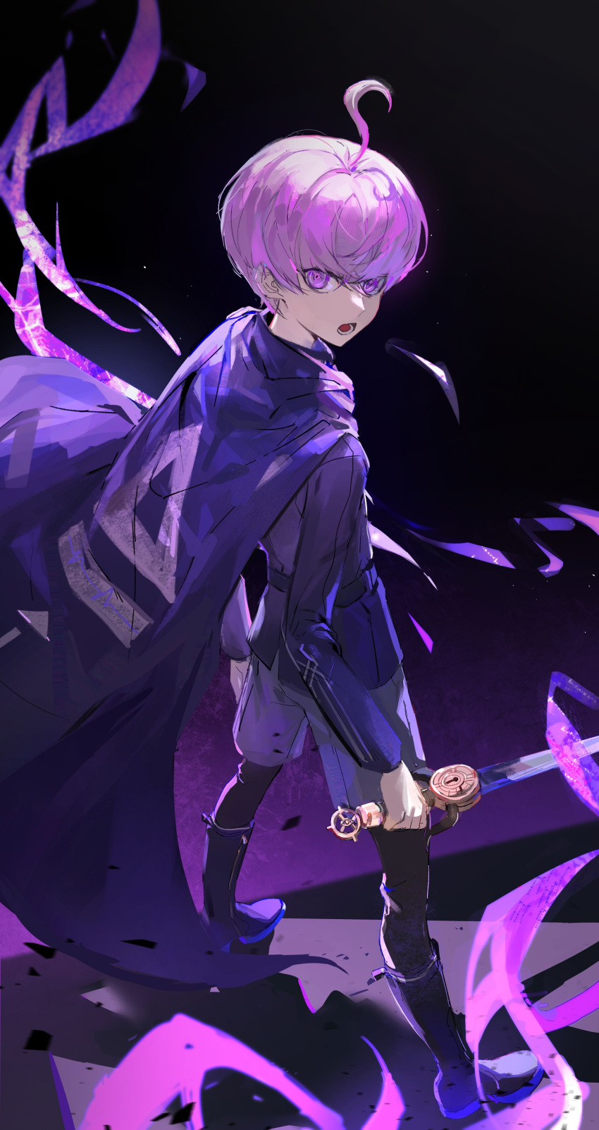 1boy absurdres ahoge binxngchng1 boots cape dark_background from_behind full_body grey_shorts highres holding holding_sword holding_weapon jacket keyhole legs_apart long_sleeves looking_at_viewer male_focus master_detective_archives:_rain_code open_mouth purple_cape purple_hair purple_jacket short_hair shorts solo standing sword violet_eyes weapon yuma_kokohead