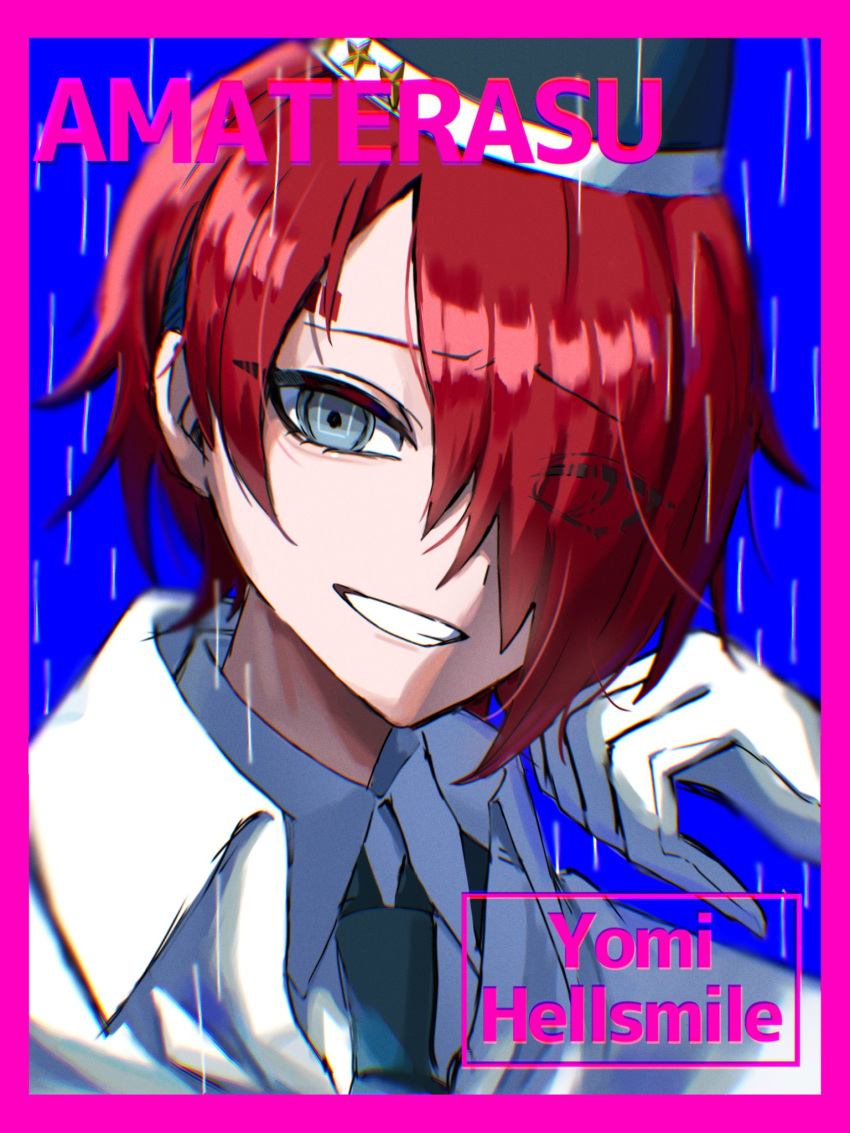 1boy black_headwear black_jacket black_necktie blue_background border cape character_name collared_shirt commentary_request gloves grin hair_over_one_eye highres jacket long_sleeves looking_at_viewer male_focus master_detective_archives:_rain_code necktie open_mouth pink_border portrait rain redhead shirt short_hair smile solo teeth upper_body violet_eyes white_cape white_gloves white_shirt yokaze_626 yomi_hellsmile