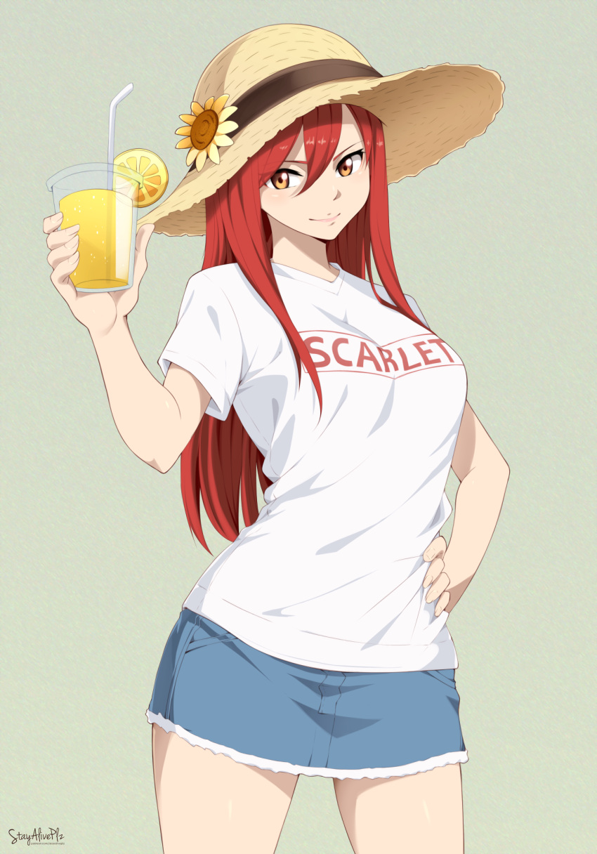 1girl absurdres alternate_costume blue_skirt breasts brown_eyes casual closed_mouth cowboy_shot cup denim denim_skirt disposable_cup drinking_straw erza_scarlet fairy_tail flower food fruit hand_on_own_hip hat hat_ornament highres holding holding_cup juice large_breasts long_hair looking_at_viewer orange_(fruit) orange_slice print_shirt redhead shirt signature simple_background skirt smile solo stayaliveplz sun_hat sunflower t-shirt thighs white_shirt