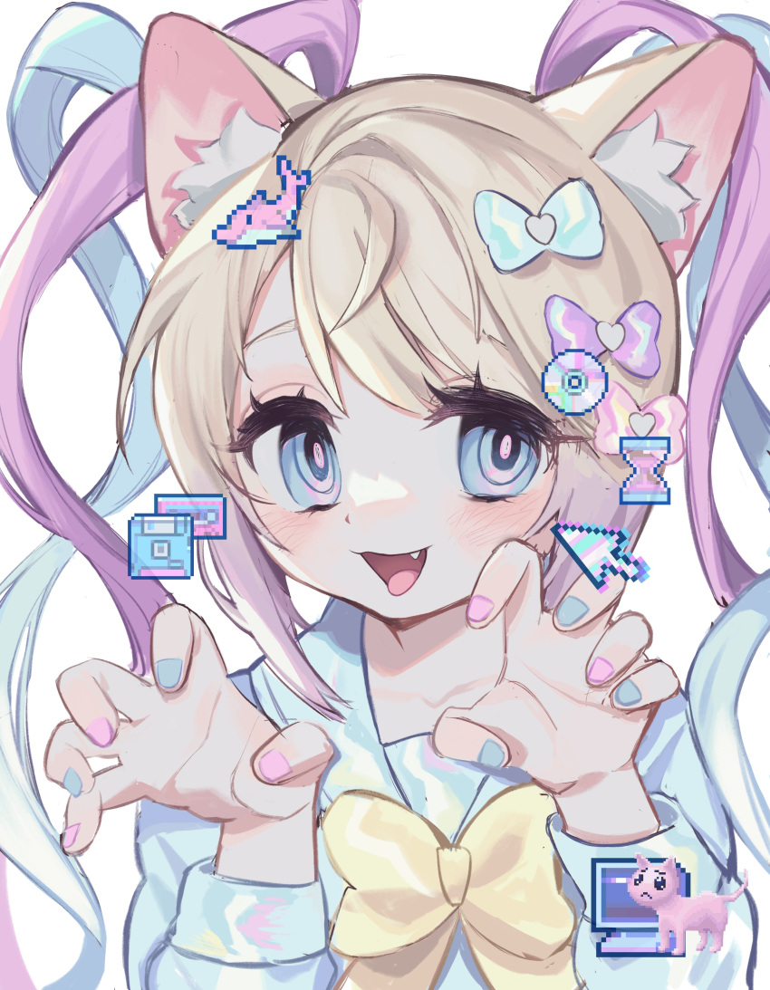 1girl :d absurdres animal_ear_fluff animal_ears blonde_hair blue_bow blue_eyes blue_hair blue_nails blue_shirt blush bow cassette_tape cat cat_ears cd chouzetsusaikawa_tenshi-chan commentary crt cursor dolphin fang floppy_disk hair_bow hair_ornament hands_up heart heart_hair_ornament highres kemonomimi_mode kerberos_(kerbe_) long_hair long_sleeves looking_at_viewer multicolored_hair multicolored_nails nail_polish needy_girl_overdose open_mouth pink_bow pink_hair pink_nails pixelated purple_bow quad_tails sailor_collar shirt smile solo symbol-only_commentary twintails upper_body yellow_bow