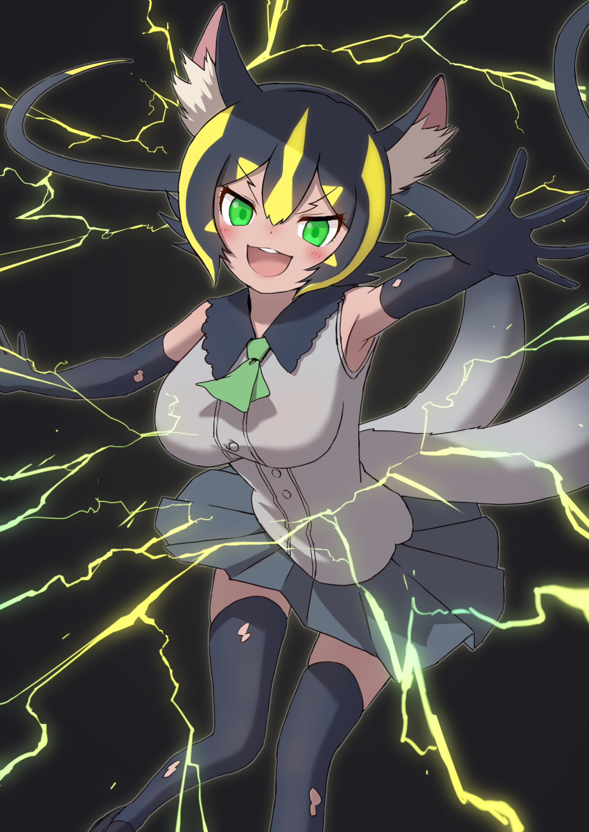 1girl animal_ear_fluff animal_ears black_gloves black_hair black_thighhighs blonde_hair blush collar collared_shirt elbow_gloves electricity frilled_collar frills gloves green_eyes green_necktie grey_shirt grey_skirt highres kemono_friends kemono_friends_3 looking_at_viewer mogurii multicolored_hair multiple_tails necktie open_mouth pleated_skirt raijuu_(kemono_friends) shirt short_hair short_necktie skirt smile solo tail thigh-highs torn_clothes torn_gloves torn_thighhighs two-tone_hair two_tails zettai_ryouiki