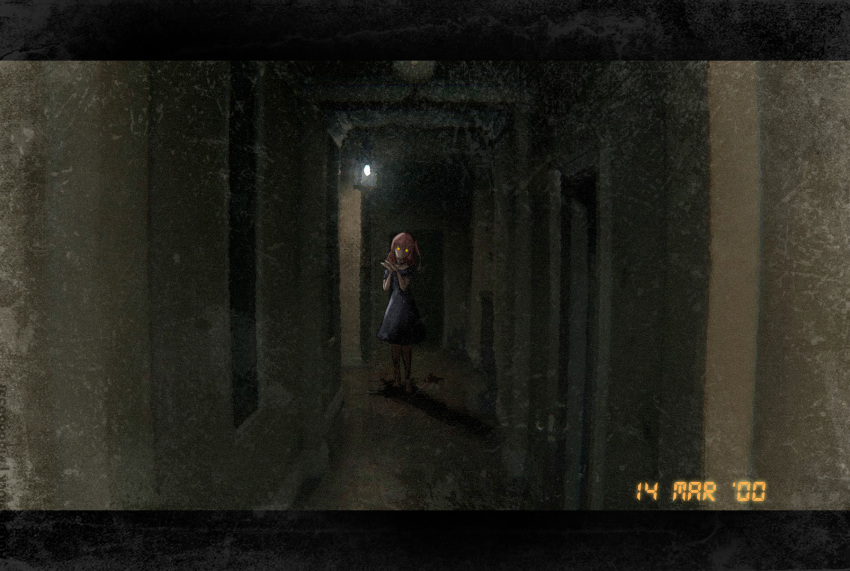 1girl blood blue_dress bocchi_the_rock! dark denazgor dress film_grain glowing glowing_eyes hallway highres horror_(theme) kita_ikuyo letterboxed palms_together parody redhead side_ponytail silent_hill_(series) silent_hills solo standing yellow_eyes