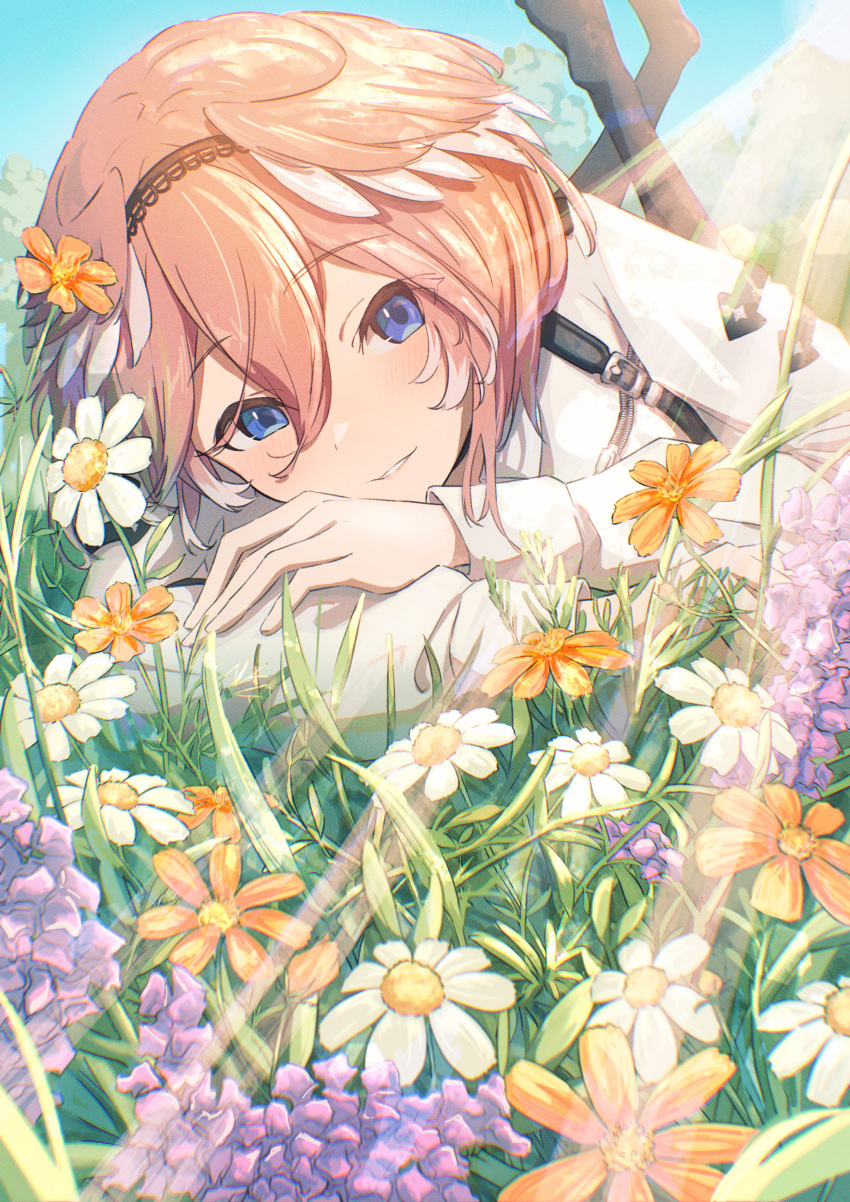 1girl absurdres black_pantyhose blue_eyes commentary field flower flower_field head_wings highres hololive light_rays long_sleeves looking_at_object lying oki_no_fuji on_stomach orange_flower orange_hair pantyhose parted_lips shirt short_hair smile solo symbol-only_commentary takane_lui virtual_youtuber white_flower white_shirt wings