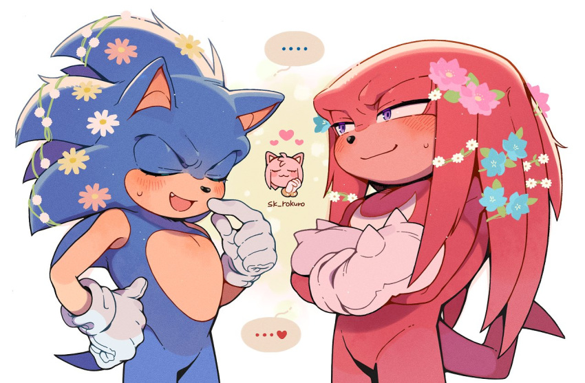... 1girl 2boys amy_rose animal_ears animal_nose artist_name blue_flower blue_fur blush bracelet closed_eyes closed_mouth crossed_arms fang flower furry furry_female furry_male gloves gold_bracelet half-closed_eyes hand_on_own_hip hand_up hands_up heart hedgehog hedgehog_ears hedgehog_girl hedgehog_tail jewelry knuckles_the_echidna looking_at_another multiple_boys open_mouth own_hands_together pink_flower pink_fur pink_gloves red_fur simple_background sk_rokuro smile sonic_(series) sonic_the_hedgehog speech_bubble sweat sweatdrop tail tongue violet_eyes white_background white_flower white_gloves yellow_flower
