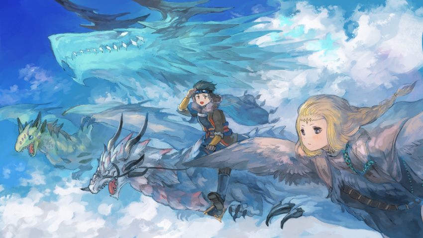 1boy 1girl above_clouds animal bird_wings blonde_hair blue_cape blue_eyes blue_sky braid braided_ponytail brown_eyes brown_hair brown_jacket caillou_pyroxene cape claws closed_mouth clouds dragon dragon_riding feathered_wings flying full_body fur-trimmed_cape fur_trim goggles goggles_on_head grey_wings hand_up highres holding holding_reins jacket leotard long_hair long_sleeves looking_at_another looking_at_viewer monster_girl multicolored_background open_mouth outdoors pixiv_fantasia pixiv_fantasia_last_saga reins ricca_(pixiv_fantasia_last_saga) sakaya313 short_hair sitting sky very_short_hair winged_arms wings