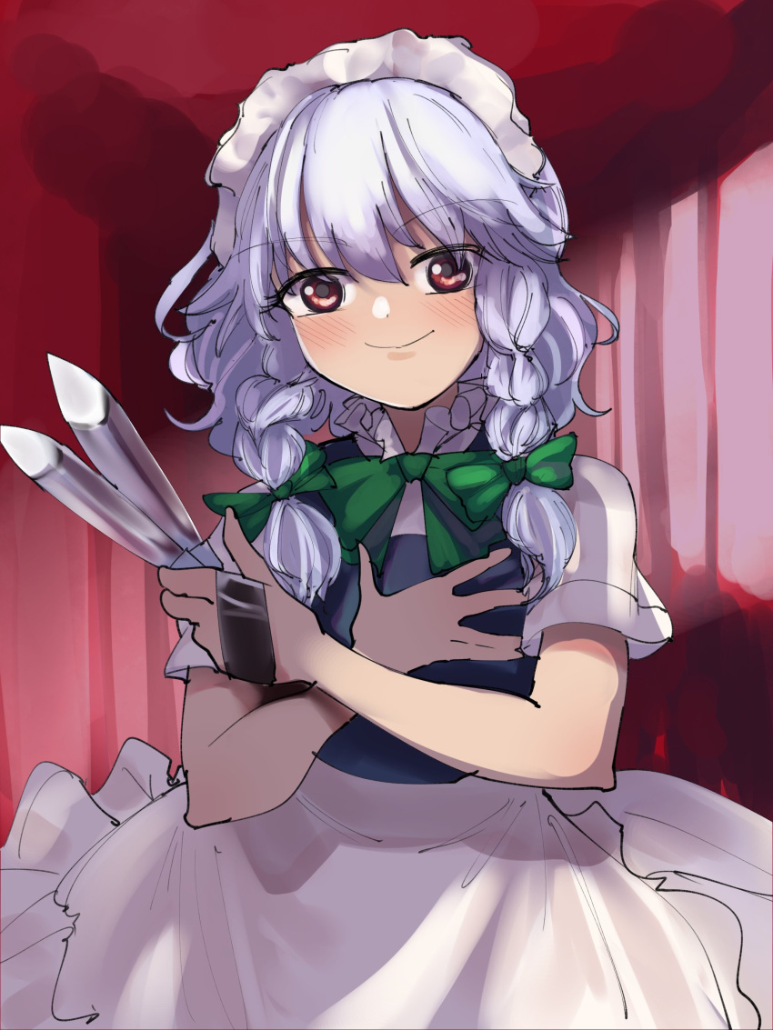 1girl absurdres apron blue_dress blush bow braid closed_mouth crossed_arms dress green_bow grey_hair gunnjou_yosio hair_bow highres holding holding_knife indoors izayoi_sakuya knife looking_at_viewer maid_headdress parody red_eyes short_sleeves smile touhou twin_braids