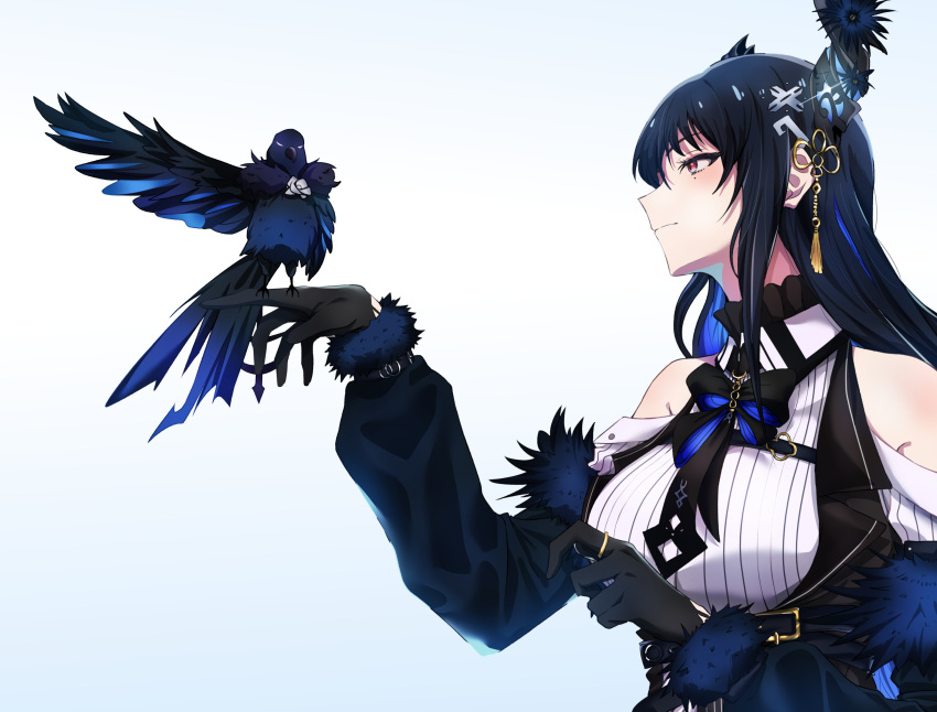 1girl absurdres animal_on_head bare_shoulders bird bird_on_head black_bow black_bowtie black_gloves black_hair black_horns blue_eyes bow bowtie breasts closed_mouth colored_inner_hair crow fur_trim gloves hair_ornament hand_up highres hololive hololive_english horns jewelry knew_nothing large_breasts long_hair looking_at_animal mole mole_under_eye multicolored_hair on_head red_eyes ring shadow_(nerissa_ravencroft) simple_background solo tassel tassel_hair_ornament two-tone_hair virtual_youtuber white_background