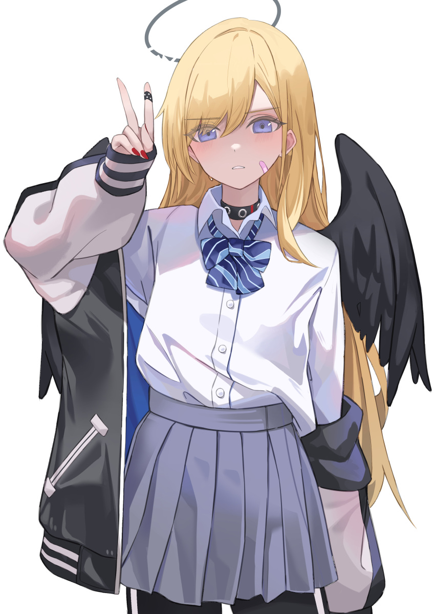 1girl absurdres bandaid bandaid_on_face black_choker black_halo black_jacket black_pantyhose black_wings blonde_hair blue_bow blue_bowtie blue_eyes blush bow bowtie choker commentary_request cowboy_shot earrings feathered_wings grey_skirt halo hand_up highres jacket jewelry long_hair long_sleeves looking_at_viewer off_shoulder open_clothes open_jacket original pantyhose pleated_skirt red_nails shirt shirt_tucked_in simple_background skirt soar_sora222 solo standing v white_background white_shirt wings