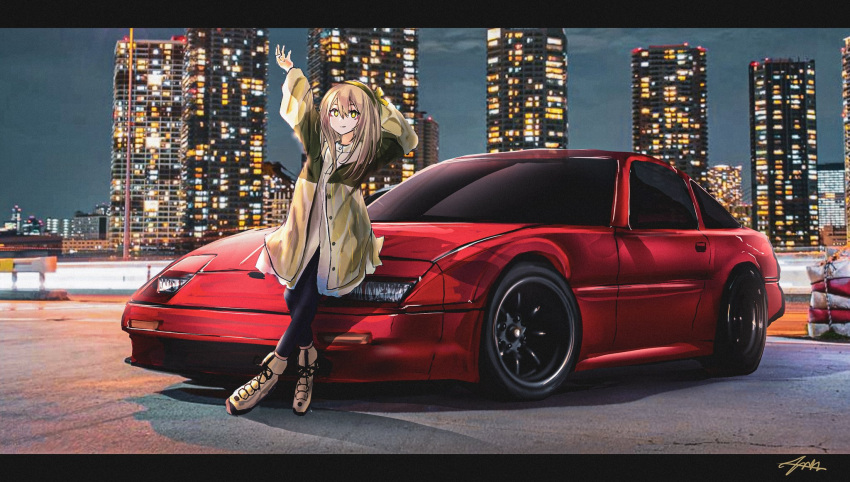 black_pantyhose brown_footwear brown_hair brown_headwear brown_jacket brown_shirt character_name city commission girls_frontline hand_on_own_head hat highres jacket letterboxed long_hair looking_at_viewer nissan_300zx nissan_300zx_(z31) nissan_fairlady_z nougat_(73r1r1) open_hand pantyhose shadow shirt signature smile vehicle_focus
