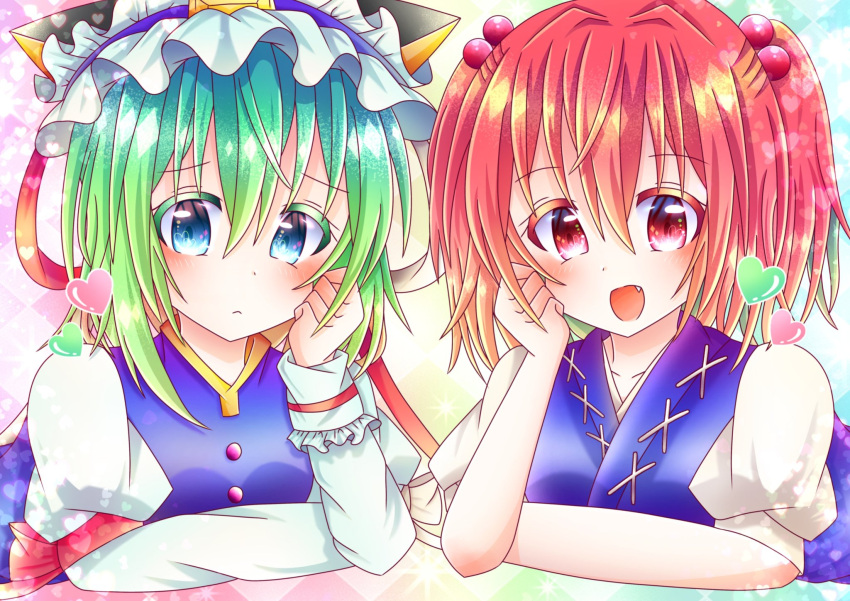 2girls :&lt; :d black_headwear blue_eyes blue_kimono blue_vest blush bow breasts buttons closed_mouth commentary_request fang frilled_hat frills green_hair hair_between_eyes hair_bobbles hair_ornament hat head_rest heart highres japanese_clothes kimono long_sleeves looking_at_viewer maro_eiki medium_bangs multiple_girls onozuka_komachi open_mouth puffy_short_sleeves puffy_sleeves red_bow redhead shiki_eiki shirt short_hair short_sleeves sleeve_bow small_breasts smile touhou two_side_up upper_body vest white_bow white_shirt