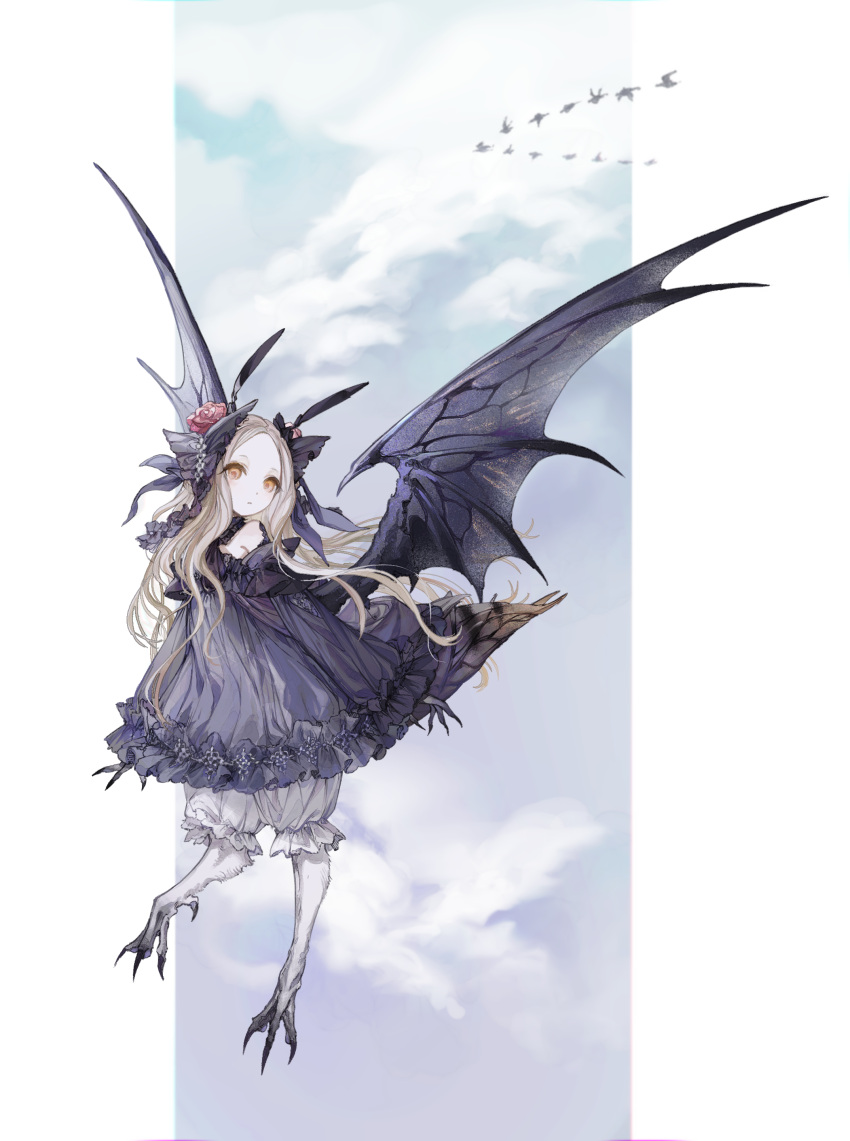 1girl absurdres animal animal_feet bird bird_tail blonde_hair bloomers blue_sky claws closed_mouth clouds digitigrade flower flying frilled_sleeves frills full_body goose hair_flower hair_ornament highres hoshi_rousoku long_hair long_sleeves looking_at_viewer monster_girl multicolored_background off_shoulder original outdoors puffy_long_sleeves puffy_sleeves purple_background purple_sky purple_wings red_flower sky solo tail underwear very_long_hair white_bloomers wings yellow_eyes