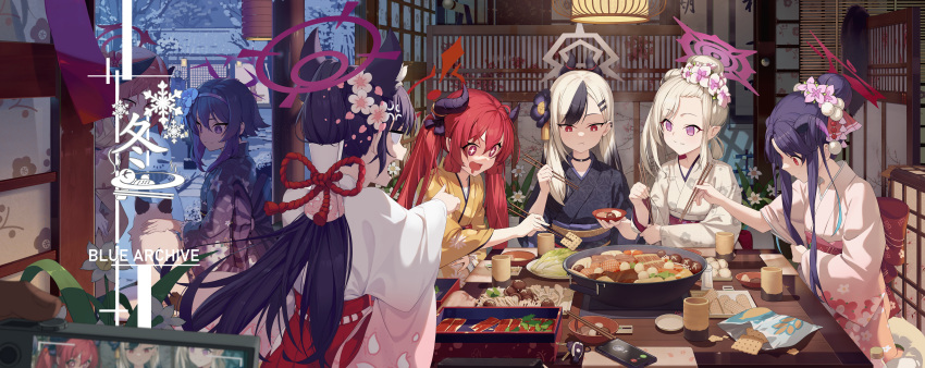 1boy 6+girls absurdres alternate_costume animal_ears aris_(blue_archive) back_bow black_choker black_hair blank_eyes blue_archive blue_flower blue_kimono bow cat_ears character_request check_character chinese_knot choker chopsticks closed_mouth dalian_(1457091741) demon_girl demon_horns drooling ear_piercing floral_print flower food food_request fuuka_(blue_archive) fuuka_(new_year)_(blue_archive) gradient_hair grey_halo hair_between_eyes hair_bun hair_flower hair_ornament hairclip halo haruka_(blue_archive) haruka_(new_year)_(blue_archive) haruna_(blue_archive) haruna_(new_year)_(blue_archive) highres horns indoors japanese_clothes junko_(blue_archive) junko_(new_year)_(blue_archive) kayoko_(blue_archive) kayoko_(new_year)_(blue_archive) keychain kimono koharu_(blue_archive) long_hair long_sleeves mouth_drool multicolored_hair multiple_girls mutsuki_(blue_archive) mutsuki_(new_year)_(blue_archive) obi official_alternate_costume open_mouth petting piercing pink_eyes pink_halo pink_kimono pointy_ears ponytail print_kimono purple_halo red_eyes red_halo sash sensei_(blue_archive) serika_(blue_archive) serika_(new_year)_(blue_archive) serina_(blue_archive) serina_(christmas)_(blue_archive) smile split_mouth streaked_hair taking_picture translated twintails violet_eyes white_flower white_hair white_kimono wide_sleeves yellow_kimono