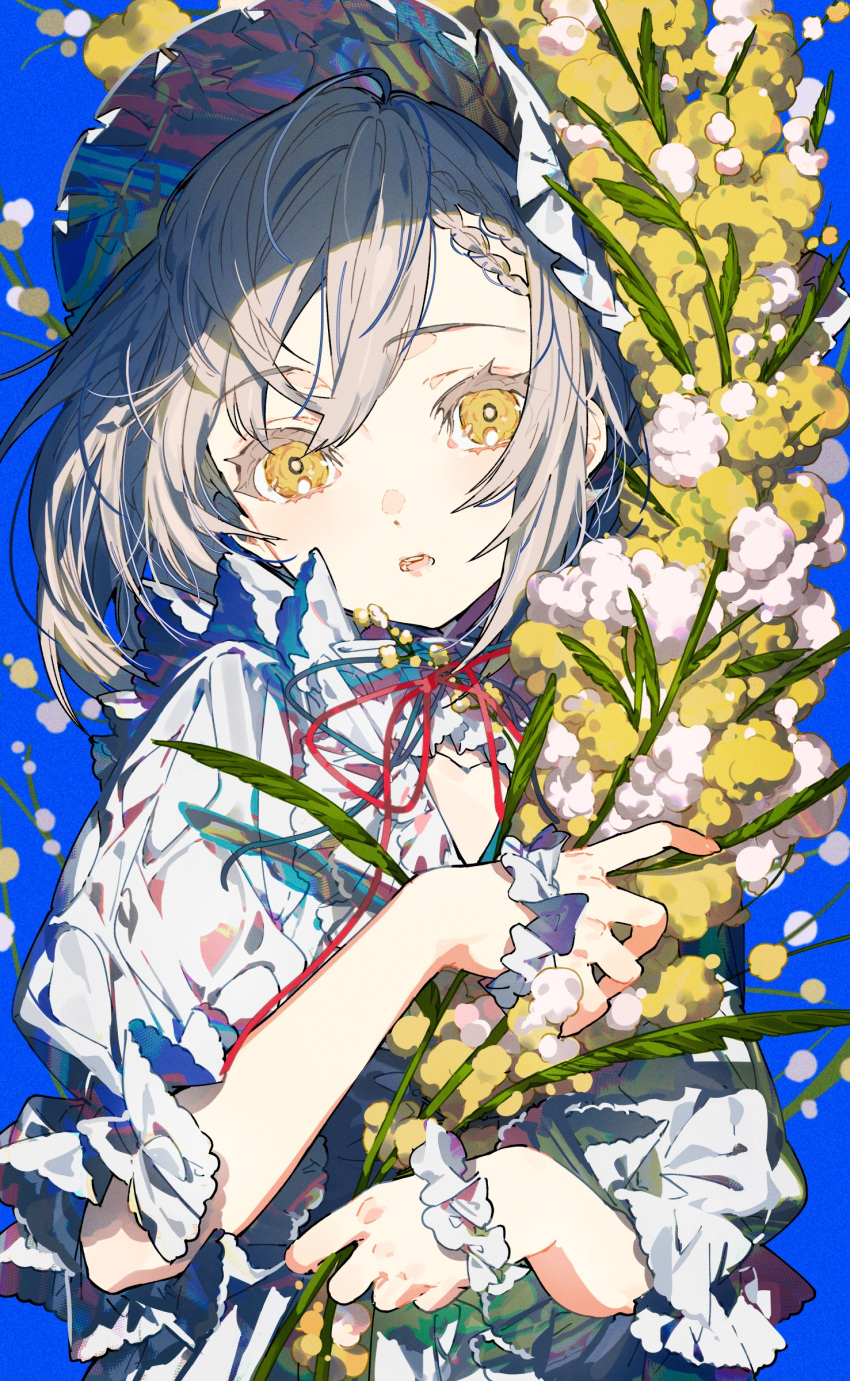 1girl absurdres blue_background blue_ribbon braid colorful cotton_(plant) eyelashes grey_hair hair_between_eyes hair_ornament hat head_tilt highres holding holding_plant light_blush looking_at_viewer medium_hair mika_pikazo open_mouth original plant puffy_short_sleeves puffy_sleeves red_ribbon ribbon shadow shirt short_sleeves side_braid sidelocks simple_background solo teeth upper_body white_headwear white_shirt yellow_eyes