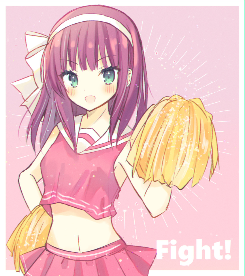 1girl :d aiyan angel_beats! blunt_bangs blush bow cheerleader commentary_request cowboy_shot cropped_shirt emphasis_lines english_text eyelashes eyes_visible_through_hair green_eyes hair_bow hairband hand_on_own_hip hand_up highres holding holding_pom_poms looking_at_viewer medium_hair miniskirt nakamura_yuri navel open_mouth pink_shirt pink_skirt pleated_skirt pom_pom_(cheerleading) purple_hair sailor_collar shirt skirt sleeveless sleeveless_shirt smile solo standing star_(symbol) stomach straight_hair white_bow white_hairband white_sailor_collar