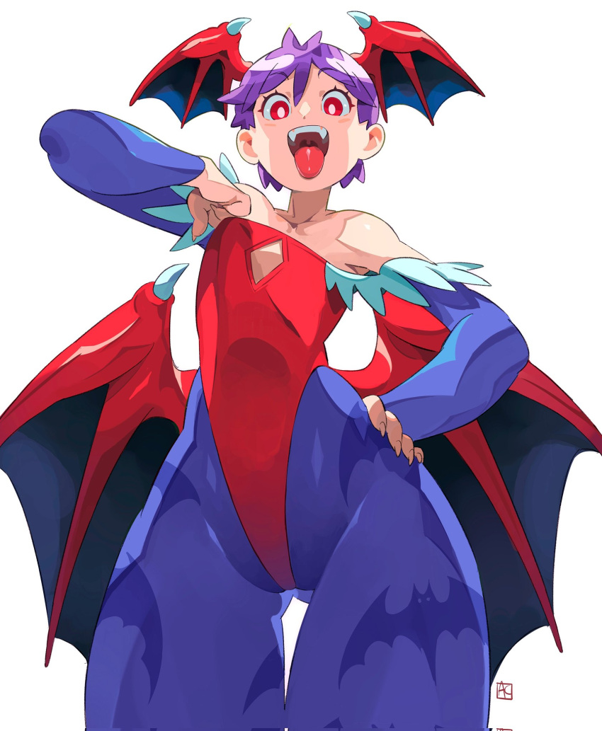 1girl andrewcockroach animal_print ass_visible_through_thighs bat_print bat_wings bridal_gauntlets capcom claws clothes_pull demon_girl elbow_gloves fangs fingernails flat_chest gloves hand_on_own_hip head_wings highres leotard lilith_aensland low_wings open_mouth pantyhose print_pantyhose purple_hair purple_pantyhose red_eyes red_leotard sharp_fingernails short_hair smile solo thigh_gap tongue tongue_out vampire_(game) white_background wide_hips wings