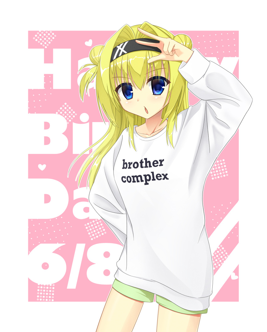 1girl absurdres arm_up black_hairband blonde_hair blue_eyes blush bububugsan casual chitose_sana clothes_writing commentary cowboy_shot dated double_bun english_text eyelashes eyes_visible_through_hair green_shorts hair_bun hair_intakes hairband happy_birthday heart highres light_blush long_hair long_sleeves looking_at_viewer open_mouth pink_background shirt shorts sidelocks simple_background solo standing tenshinranman two_side_up w white_shirt