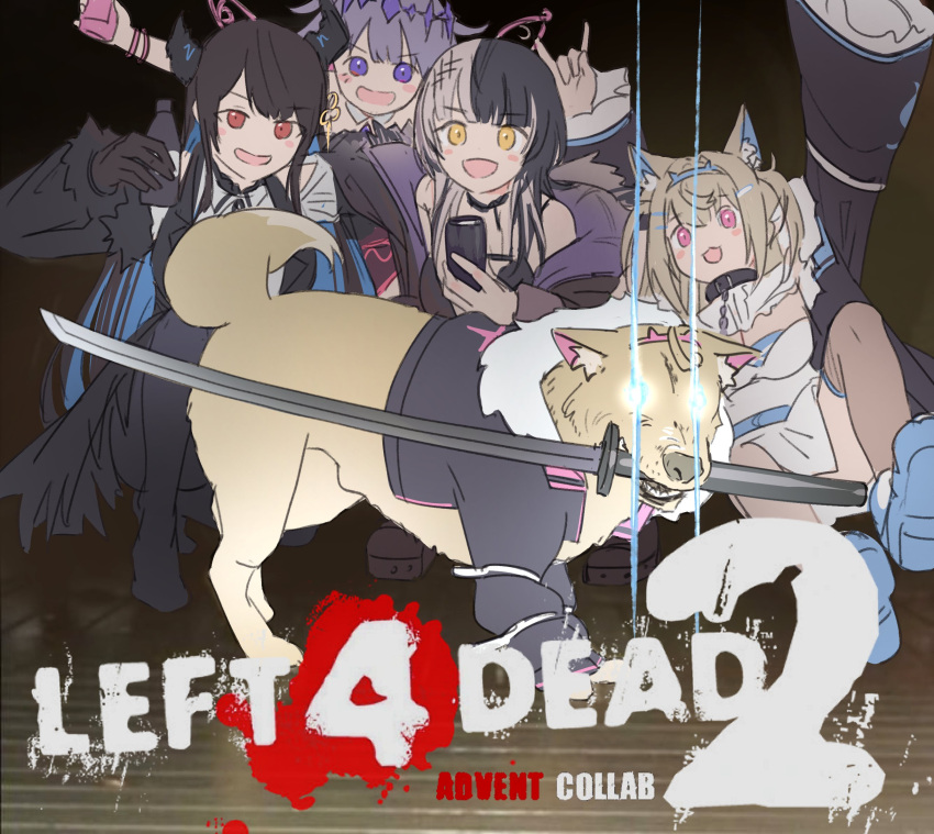 4girls \n/ animal_ear_fluff animal_ears arm_up black_hair black_jacket blue_footwear blush_stickers can commentary dog fuwawa_abyssgard highres holding holding_can holoadvent hololive hololive_english hyde_(tabakko) jacket katana koseki_bijou left_4_dead_2 long_hair long_sleeves looking_at_viewer mococo_abyssgard mouth_hold multiple_girls nerissa_ravencroft open_mouth pink_eyes purple_hair red_eyes shiori_novella shoes short_hair smile sword violet_eyes weapon white_hair yellow_eyes