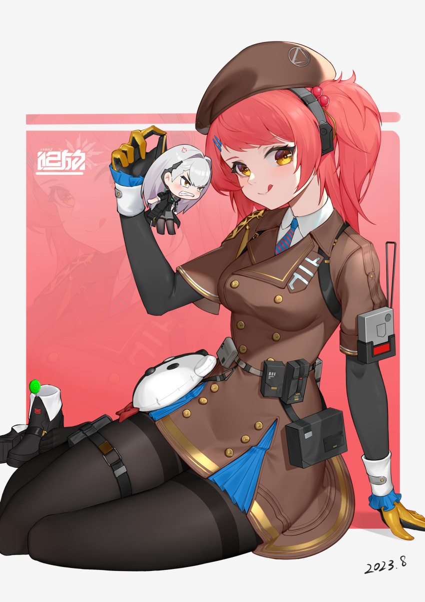 1437823832 2girls :q absurdres ak-alfa_(girls'_frontline) ammunition_belt ammunition_pouch anger_vein angry beret black_pantyhose breasts candy chibi closed_mouth collared_shirt food frills full_body girls'_frontline_2:_exilium girls_frontline gloves grey_hair grin hat headset highres jacket licking_lips lollipop looking_at_another looking_at_viewer medium_breasts medium_hair mini_person minigirl mp7_(girls'_frontline) multiple_girls necktie pantyhose pouch redhead shirt shoes shoes_removed side_ponytail smile solo_focus thigh_strap thighband_pantyhose tongue tongue_out yellow_eyes