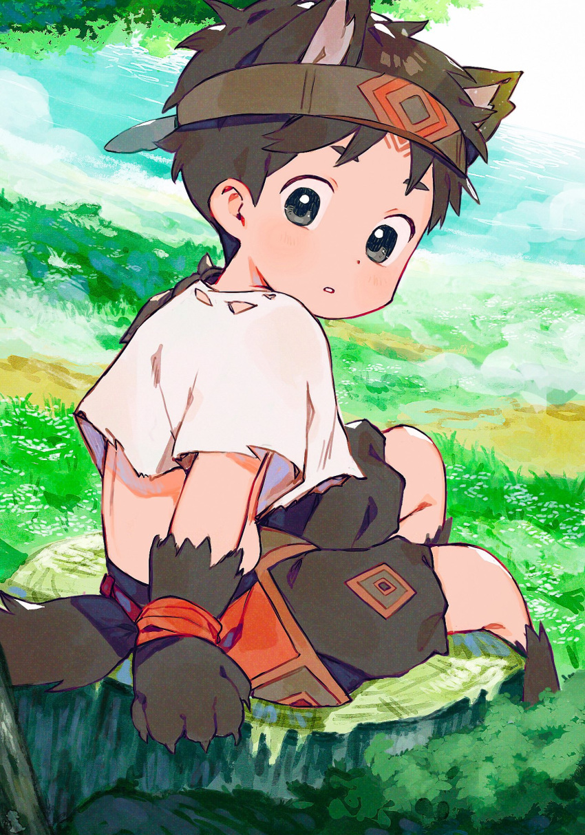 1boy blue_sky brown_gloves brown_hair child clouds cloudy_sky english_commentary gloves highres looking_at_viewer looking_back male_child male_focus mixed-language_commentary nemui_(nemuriyagi) on_grass original shirt short_hair short_sleeves shorts sitting_on_tree_stump sky solo tail white_shirt wolf_boy wolf_tail