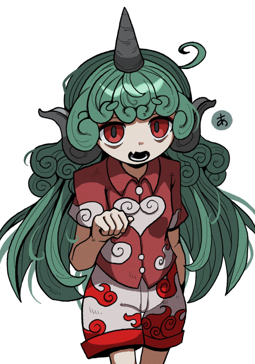 1girl character_request collared_shirt cowboy_shot green_hair heart heart_print highres long_hair looking_at_viewer open_mouth red_eyes red_shirt shirt shorts single_tooth solo touhou white_background white_shorts zunusama