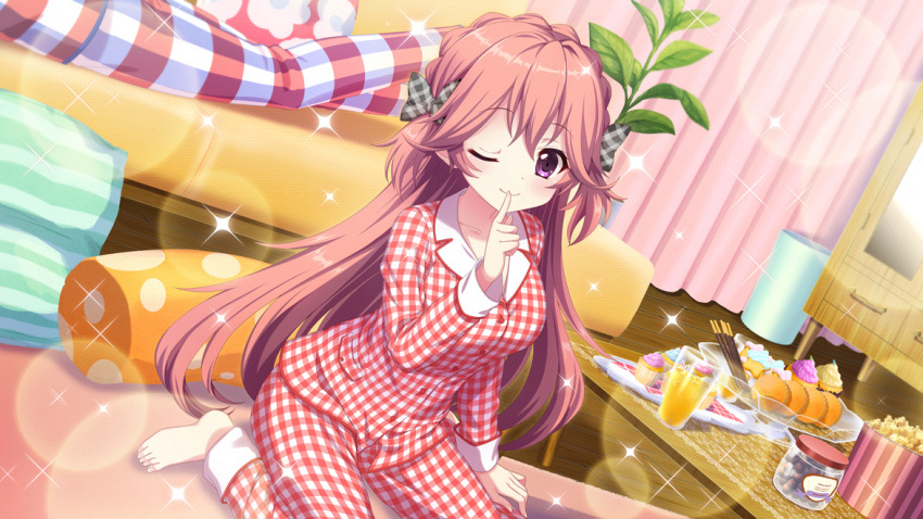 2girls bandou_mikuru bow breasts buttons collarbone couch cup cupcake curtains dot_nose drinking_glass dutch_angle film_grain finger_to_mouth floral_print food game_cg glass_plate grey_bow haeno_akari hair_bow icing indoors izumi_tsubasu jar large_breasts long_hair lying multiple_girls non-web_source official_art on_couch on_floor on_stomach one_eye_closed orange_hair orange_juice pillow plaid plaid_bow plaid_pajamas plant pocky popcorn potted_plant re:stage! rug sitting smile solo_focus sparkle striped_pillow trash_can very_long_hair violet_eyes wariza wooden_floor
