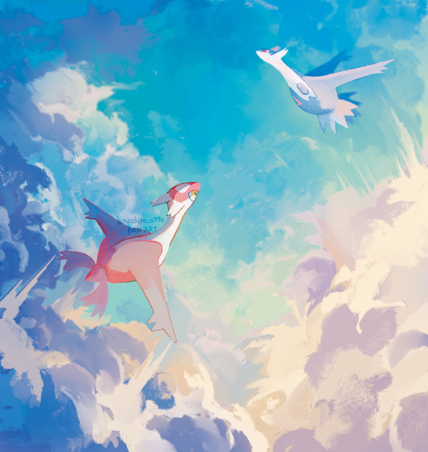above_clouds clouds day flying from_side highres latias latios nashiro_o77o no_humans outdoors pokemon pokemon_(creature) twitter_username watermark yellow_eyes