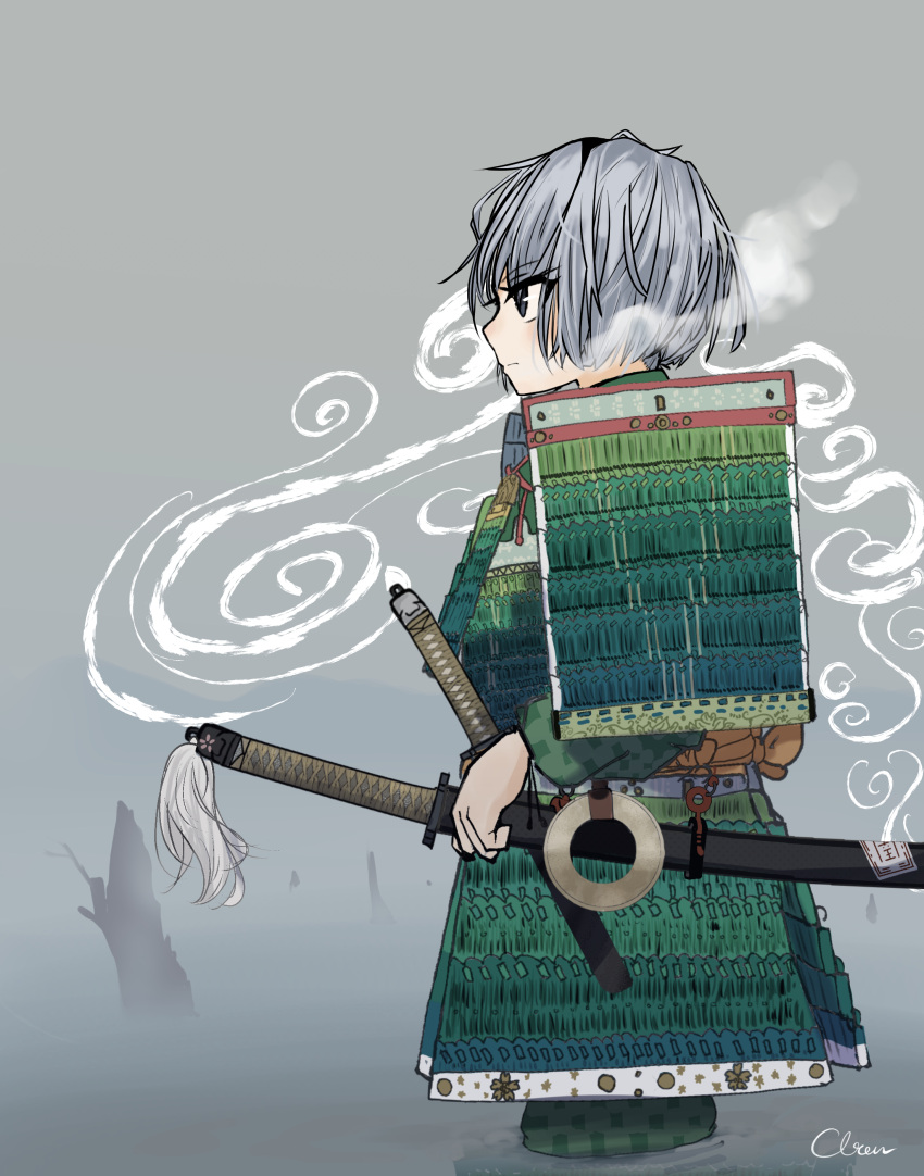 1girl absurdres adapted_costume armor black_hairband chrom_3201 closed_mouth commentary_request dou from_side green_skirt grey_hair hairband highres japanese_armor katana konpaku_youmu kusazuri multiple_swords outdoors short_hair shoulder_armor signature skirt sode solo sword touhou weapon