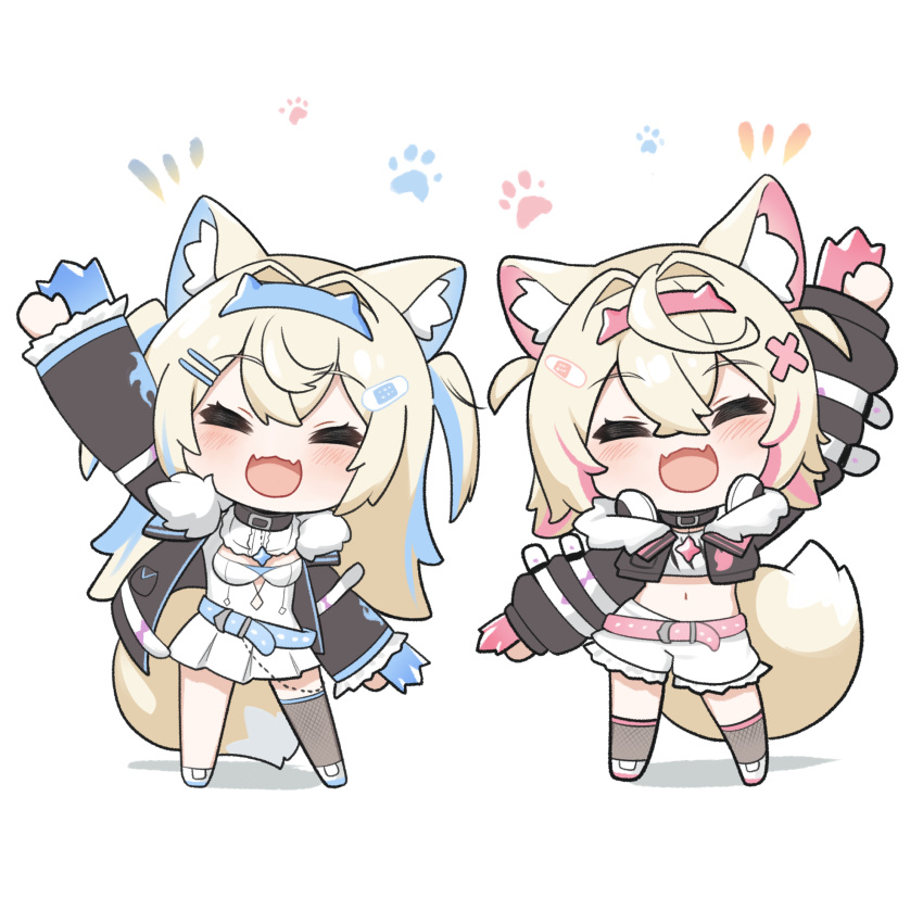 2girls animal_ear_fluff animal_ears animal_hands arm_up bandaid_hair_ornament belt belt_collar black_collar blonde_hair blue_hairband blush chibi closed_eyes collar commentary cropped_shirt crossed_bangs dog_ears dog_girl dog_tail dress fake_claws fake_horns full_body fur-trimmed_jacket fur_trim fuwawa_abyssgard hair_between_eyes hair_intakes hair_ornament hairband headband highres hololive hololive_english horns jacket long_hair long_sleeves medium_hair midriff mococo_abyssgard multicolored_hair multiple_girls notice_lines open_mouth pink_belt pink_headband pleated_skirt short_shorts shorts siblings simple_background sisters skirt smile snowmya standing streaked_hair tail twins two_side_up virtual_youtuber white_background white_dress white_shorts x_hair_ornament