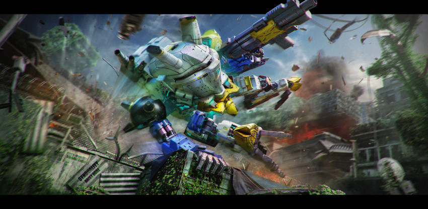 3d daisy_ogre explosion fire gun highres holding holding_gun holding_weapon horns jumping letterboxed mecha no_humans outside_border plant robot science_fiction smoke solo synduality wall weapon yamataka_(blenderkame)