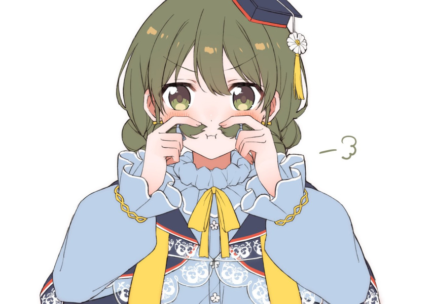 1girl :i beeftanizoko blue_capelet blue_shirt blush braid capelet fake_beard fake_facial_hair frilled_sleeves frills green_eyes green_hair hat holding holding_hair idolmaster idolmaster_shiny_colors lace-trimmed_capelet lace_trim long_sleeves looking_at_viewer mini_hat nanakusa_nichika neck_ribbon ribbon shirt simple_background solo tilted_headwear twin_braids upper_body v-shaped_eyebrows white_background yellow_ribbon