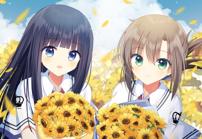 2girls aiyan artist_name black_hair blue_eyes blunt_bangs blush bouquet brown_hair capelet close-up closed_mouth clouds colored_eyelashes commentary_request commission day eyelashes eyes_visible_through_hair falling_petals flower folded_ponytail garden green_eyes hair_between_eyes holding holding_bouquet long_hair looking_at_viewer medium_hair multiple_girls open_mouth outdoors petals school_uniform sidelocks skeb_commission smile straight_hair subarashiki_hibi sunflower tachibana_kimika takashima_zakuro white_capelet