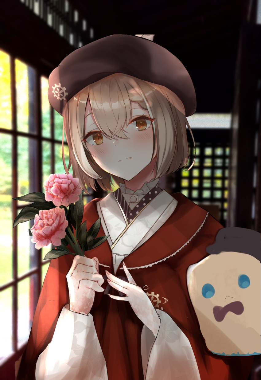 :&lt; absurdres ahoge architecture beret blush bow bowtie braid braided_bangs brown_eyes brown_hair crossed_bangs east_asian_architecture fingernails floral_print flower friend_(nanashi_mumei) gloves hat highres holding holding_flower hololive hololive_english indoors japanese_clothes kimono lace lace_gloves looking_at_viewer multicolored_hair nanashi_mumei nanashi_mumei_(2nd_costume) official_alternate_costume print_kimono red_shawl shawl short_hair streaked_hair suiutoko top_hat virtual_youtuber white_kimono wide_sleeves