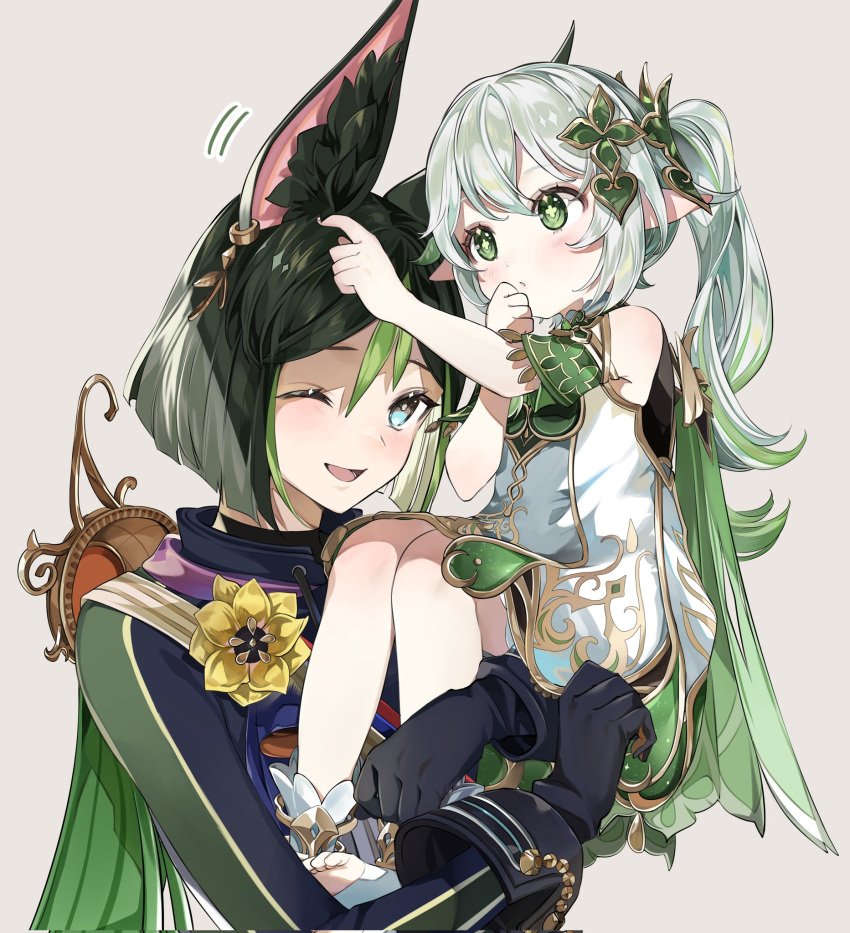1boy 1girl animal_ear_fluff animal_ears bare_shoulders black_gloves black_hair blue_eyes blush bob_cut cape carrying carrying_person commentary_request cross-shaped_pupils detached_sleeves dress female_child fox_ears genshin_impact gloves gold_trim gradient_hair green_cape green_eyes green_hair hair_ornament highres long_hair long_sleeves multicolored_hair nahida_(genshin_impact) pointy_ears shoulder_carry shunka_tunacan side_ponytail sleeveless sleeveless_dress symbol-shaped_pupils tighnari_(genshin_impact) white_dress white_hair