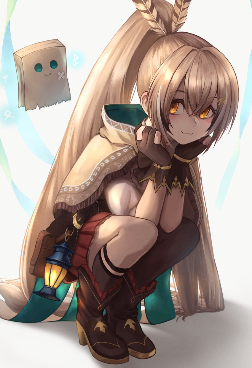 1girl :3 ahoge ankle_boots asymmetrical_legwear belt boots brown_capelet brown_cloak brown_corset brown_eyes brown_hair cape capelet cloak corset crossed_bangs feathers friend_(nanashi_mumei) gloves hair_ornament hairclip hieroglyphics highres hololive hololive_english kneehighs lantern multicolored_hair nanashi_mumei nanashi_mumei_(1st_costume) partially_fingerless_gloves pleated_skirt pouch red_skirt ribbon runes ruraji shirt single_kneehigh single_sock single_thighhigh skirt socks squatting streaked_hair thigh-highs virtual_youtuber white_shirt