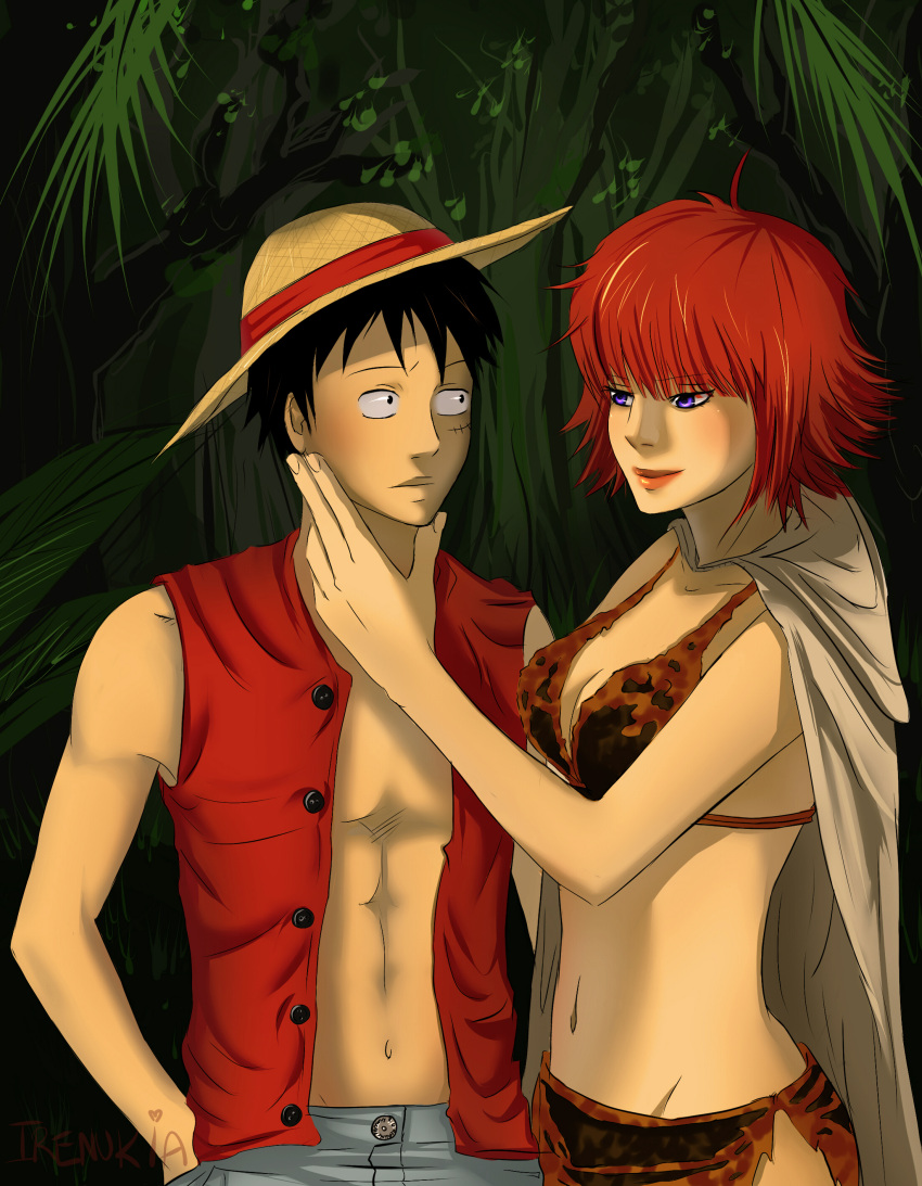 1boy 1girl absurdres amazon_warrior artist_name bikini bikini_top_only black_hair blunt_bangs blush cape hand_on_another's_chin hat highres irenukia lipstick looking_at_another makeup marguerite_(one_piece) monkey_d._luffy one_piece open_clothes red_lips red_shirt redhead scar scar_on_cheek scar_on_face shirt short_hair smile straw_hat swimsuit violet_eyes white_cape